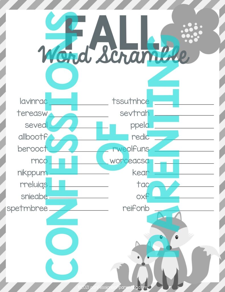 Sample of a black and white fall word scramble worksheet