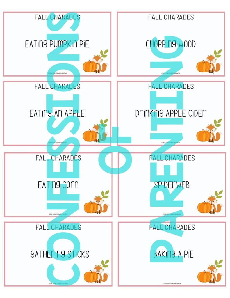 example of fall charades printable 