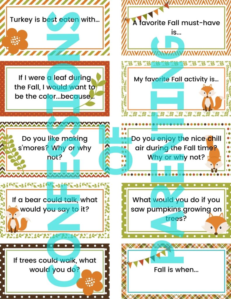 sample of a sheet of fall writing prompt cards with a watermark