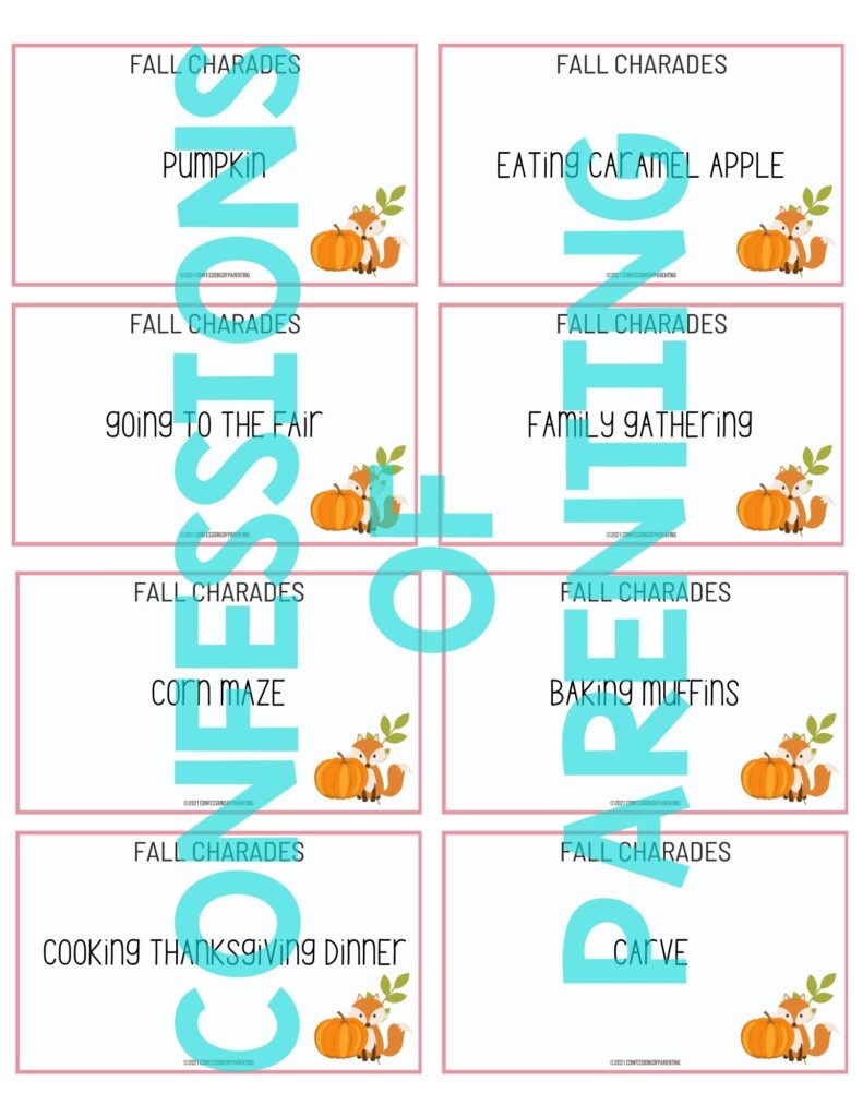 example of fall charades printable 