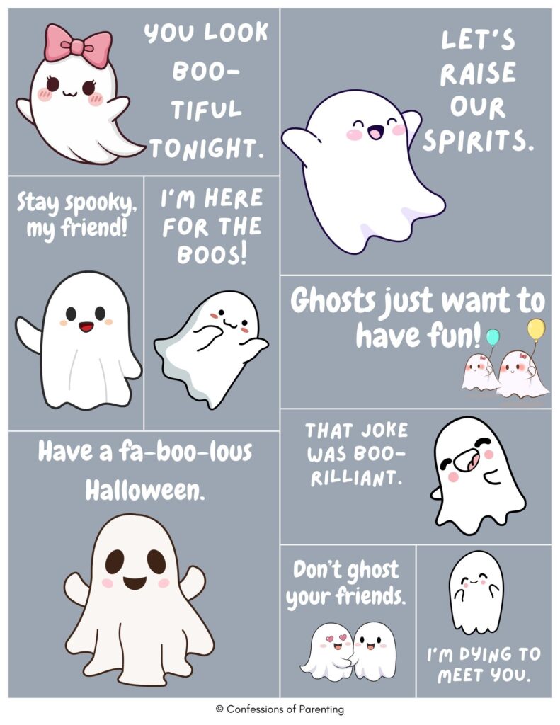 Gray collage of cute cartoon ghosts with Halloween ghost puns like “You look boo-tiful,” “Stay spooky,” and “Ghosts just want to have fun.”