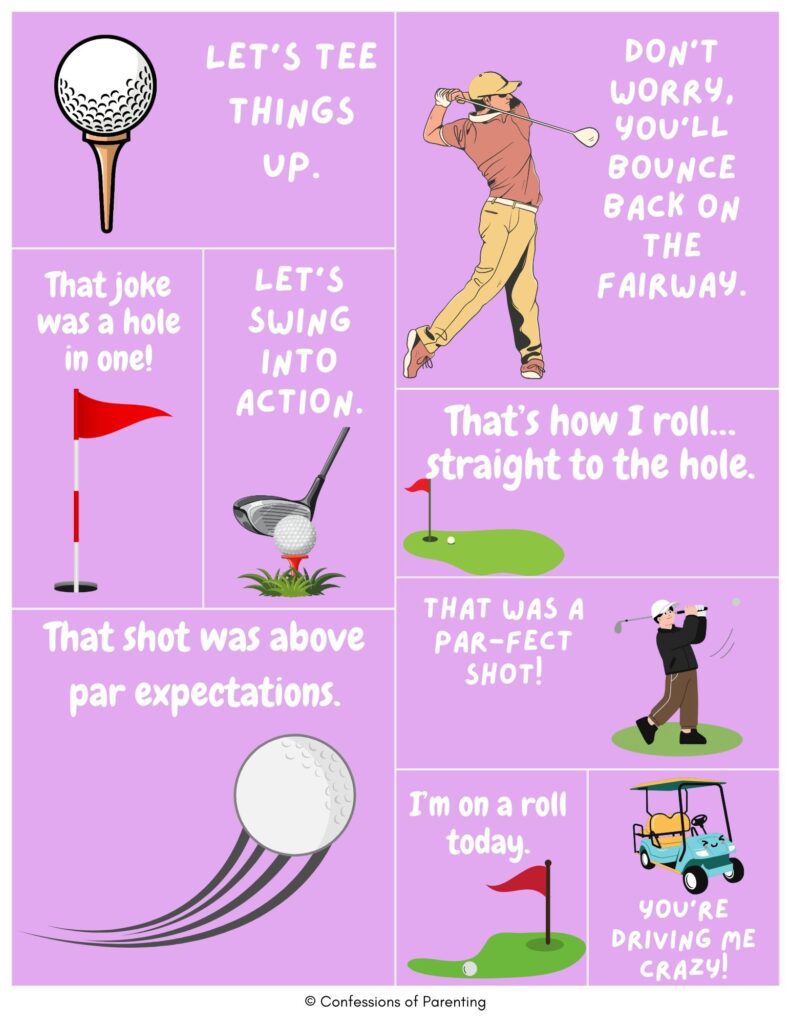 Purple collage of golf puns with cartoon golf balls, clubs, flags, and a golfer, featuring jokes like “Let’s tee things up,” “That was a par-fect shot,” and “Hole in one.”