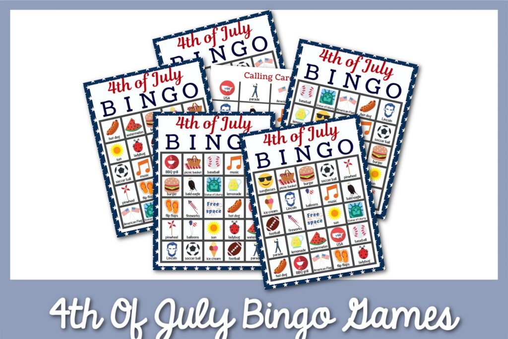 6 4th of July Bingo sheets with a gray blue border