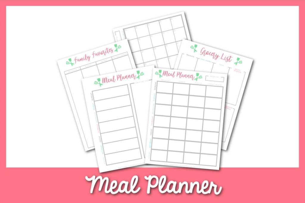 Family Meal Planner Printable pages with pink border.