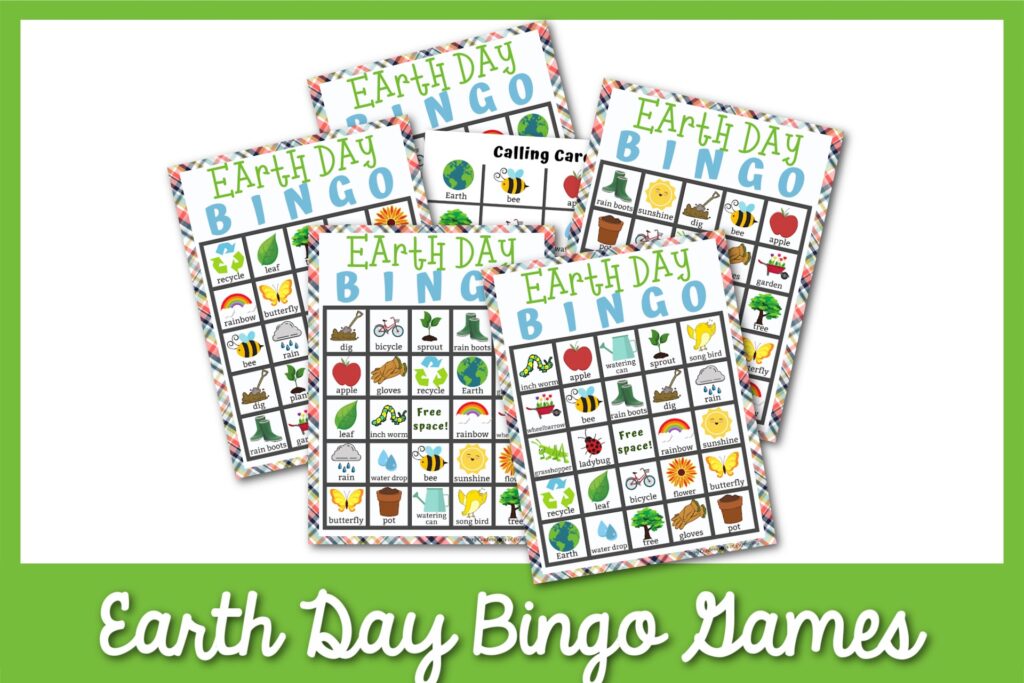 6 Earth Day Bingo sheets with a green border