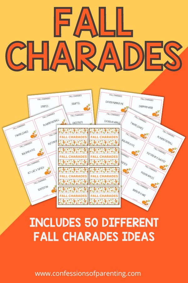 example of fall charades printable on orange and yellow background