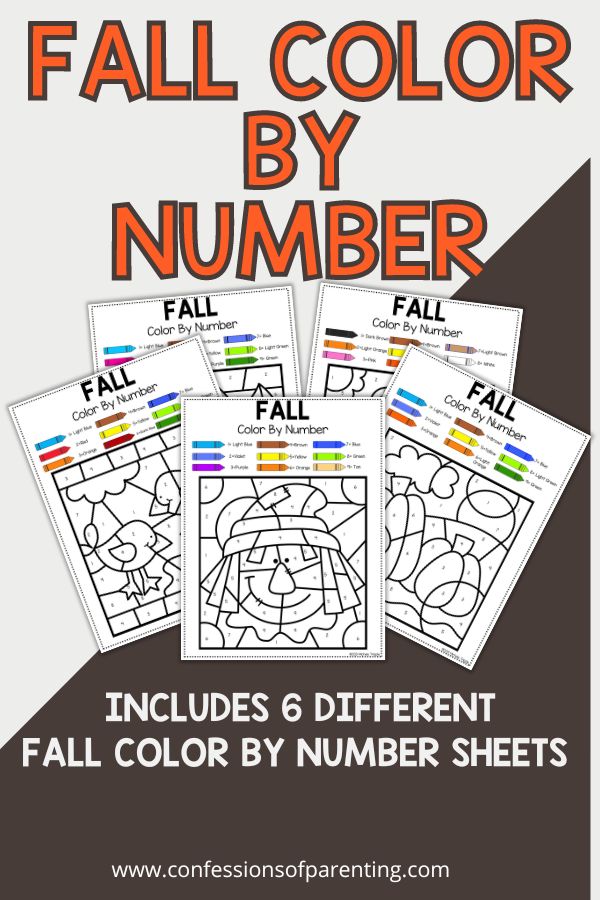 5 Fall color by number worksheets on a black and white background