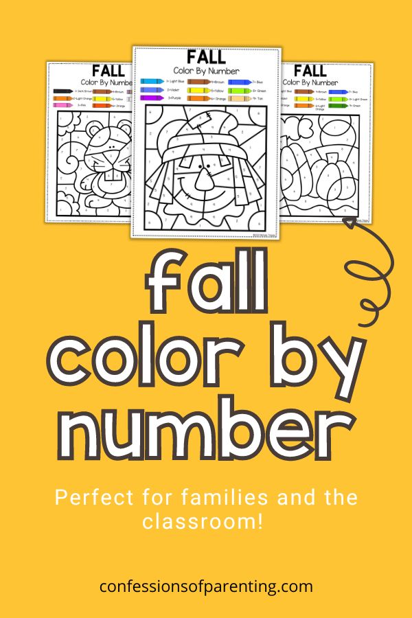 3 Fall color by number sheets on a yellow background