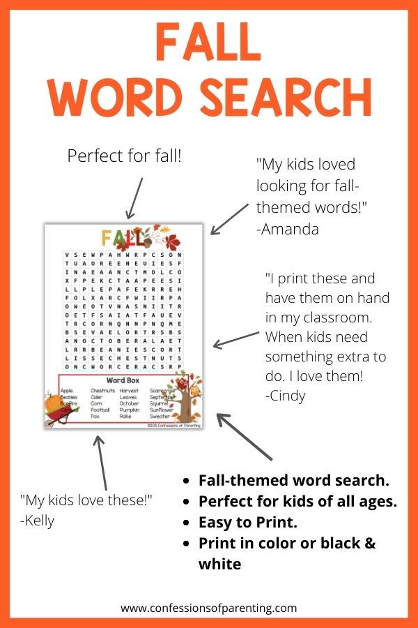 Fall word search with testimonials