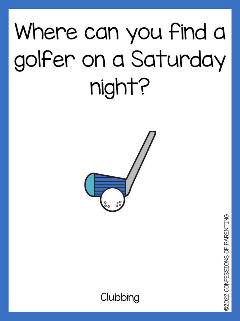 golf pun with golf club and ball with a blue border