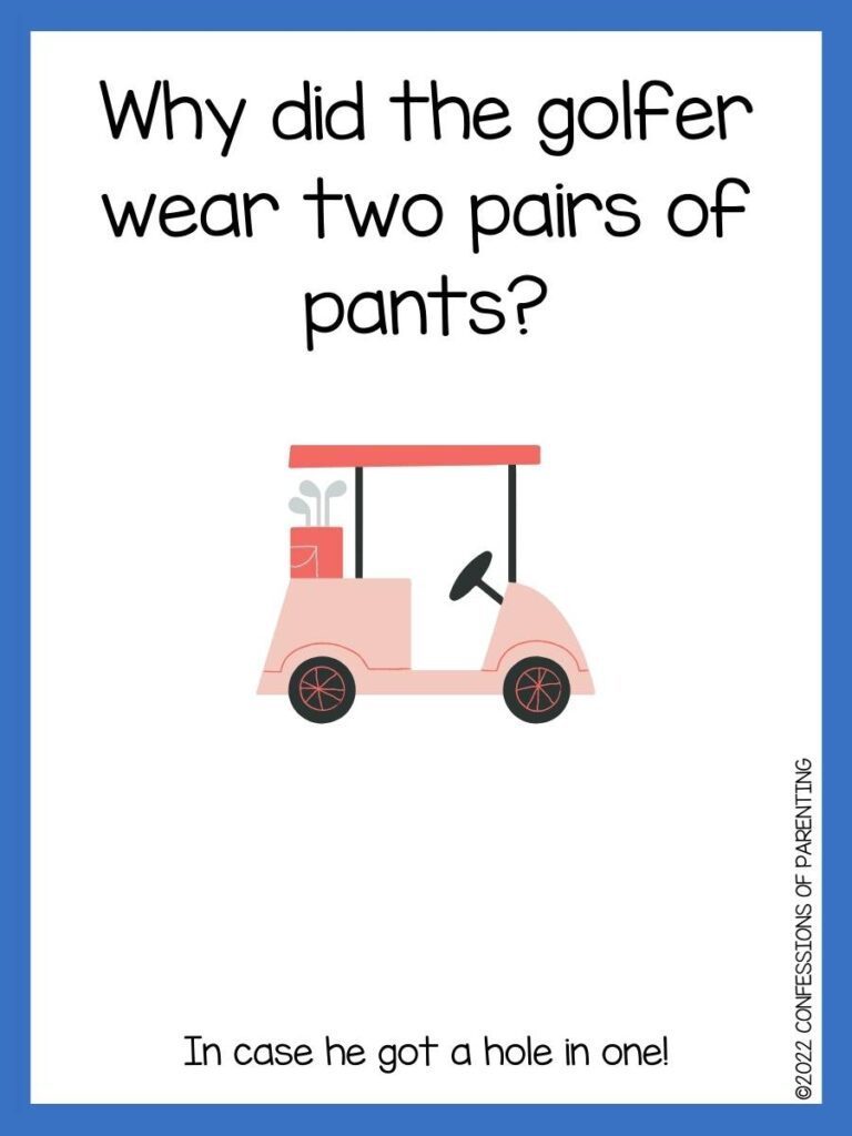 golf pun with pink golf cart and blue border