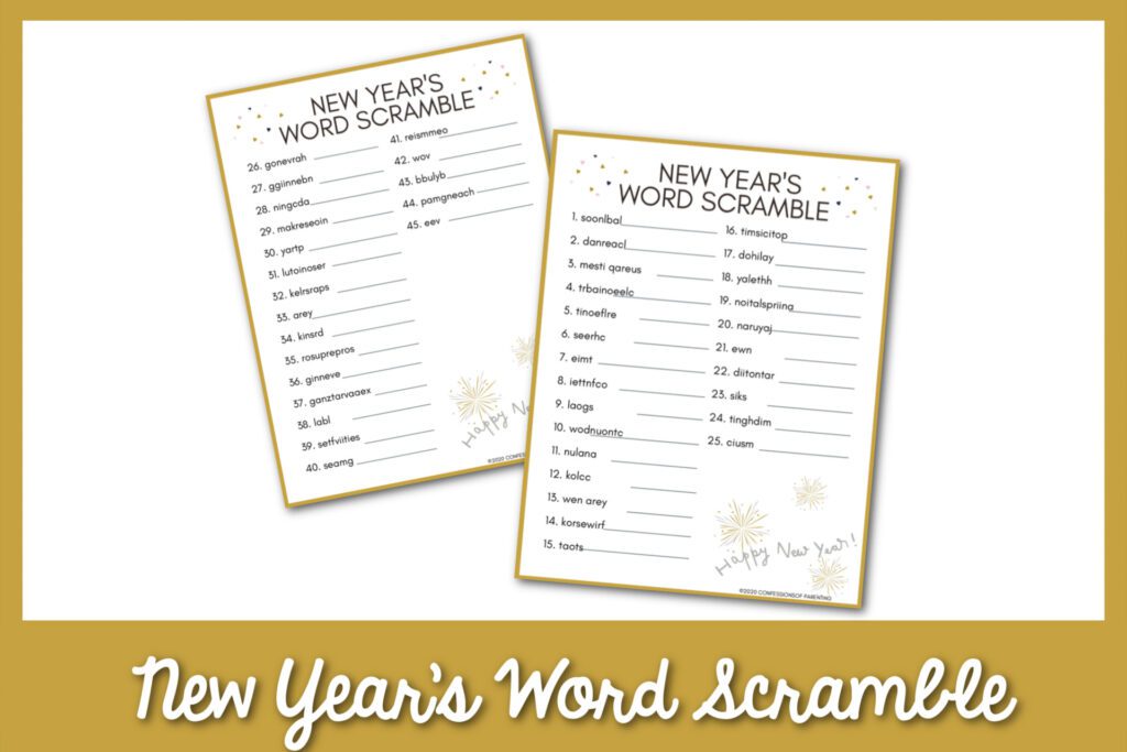 2 New Year's word scramble printables with a gold border.