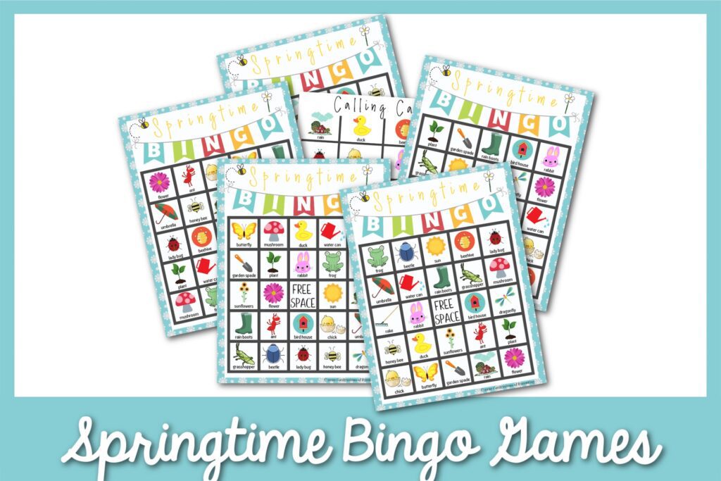 6 Springtime bingo sheets with a pastel blue border