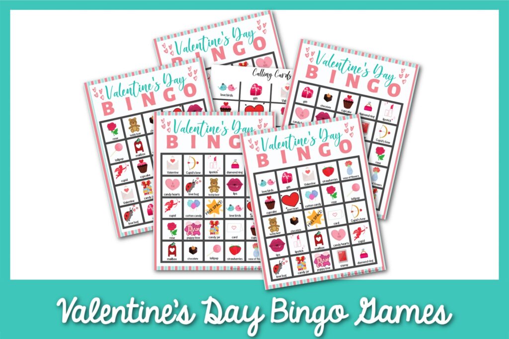 6 Valentine's Day Bingo sheets with a light blue border