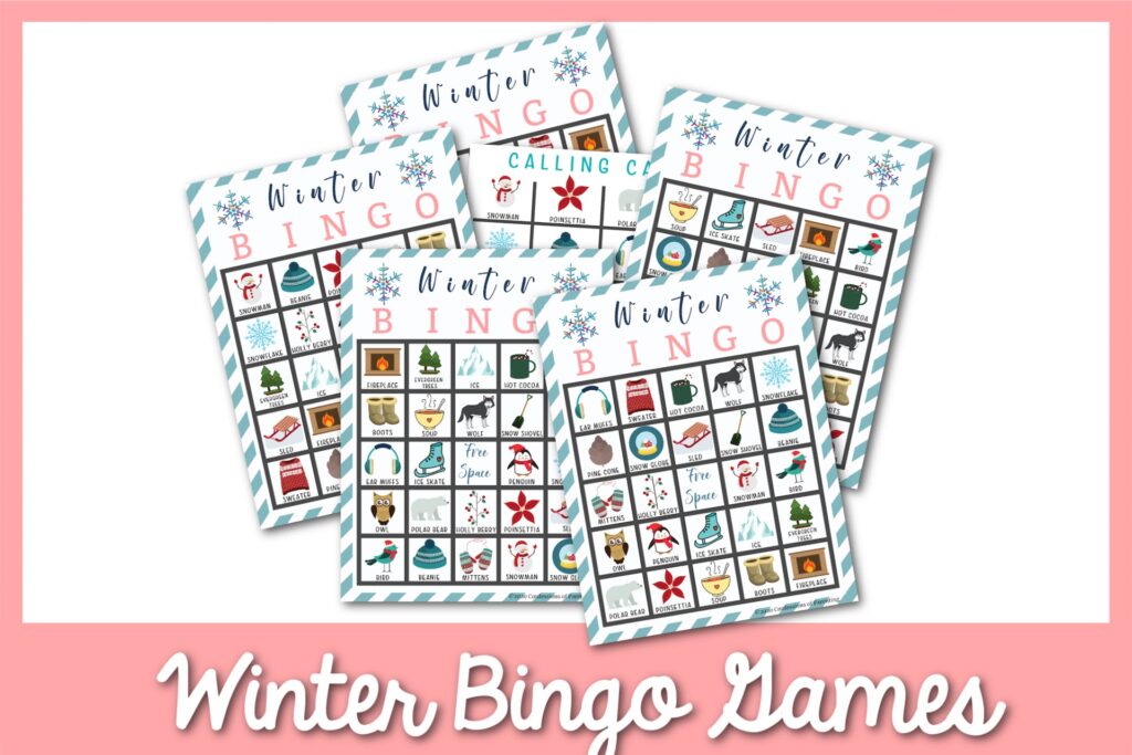 6 winter Bingo sheets with a salmon colored border