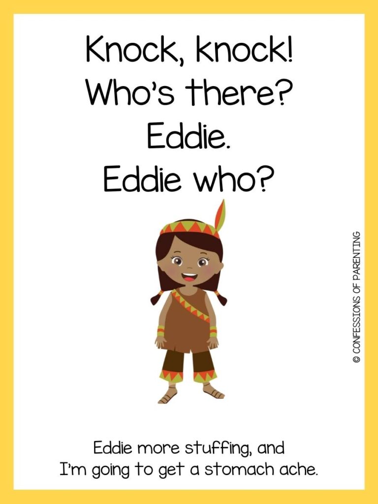 Thanksgiving joke for kids with girl pilgrim and yellow border