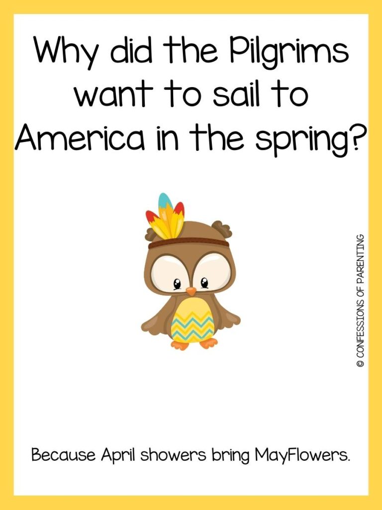 Thanksgiving joke for kids with thanksgiving owl  and yellow border