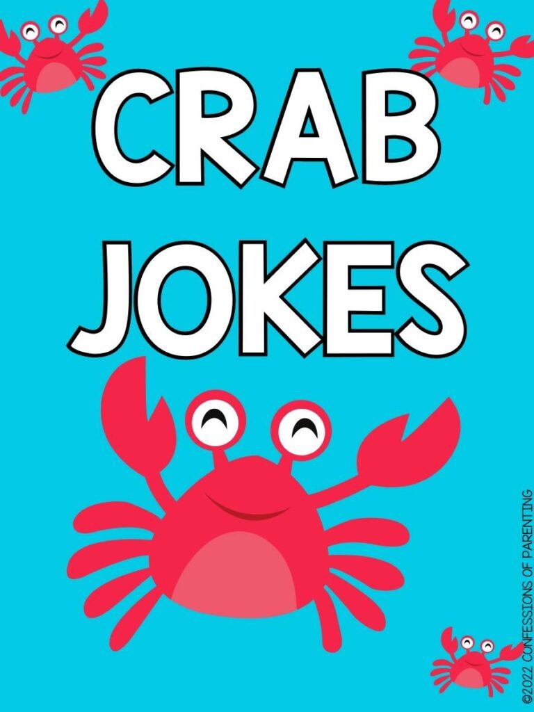 blue background with white words "Crab jokes" with red crab