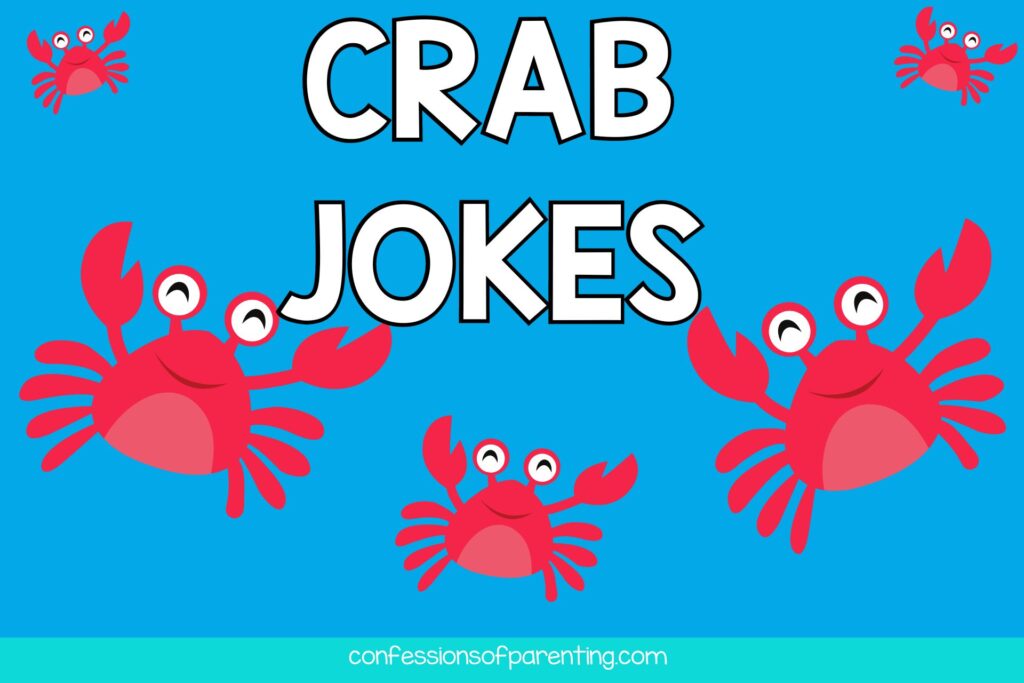 blue background with white words "Crab jokes" with red crabs