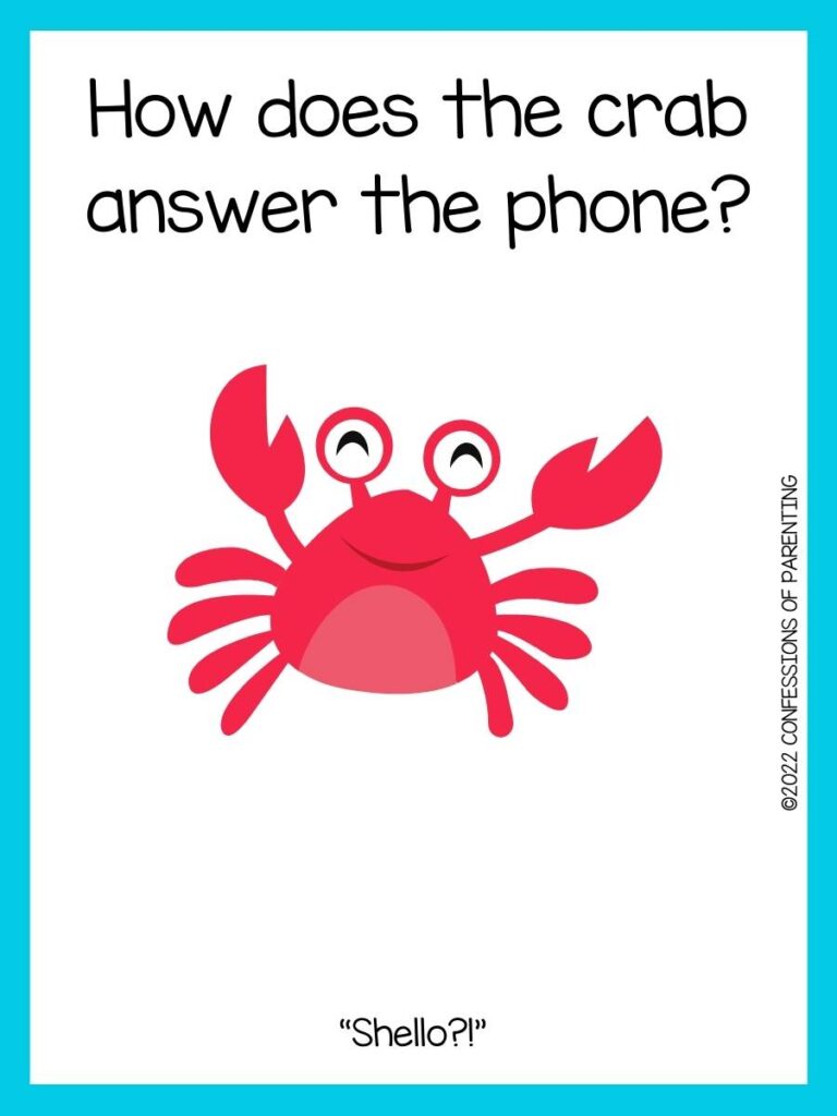 crab jokes for kids with red crab and blue border