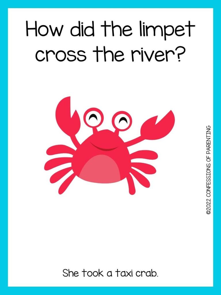 crab jokes for kids with red crab and blue border