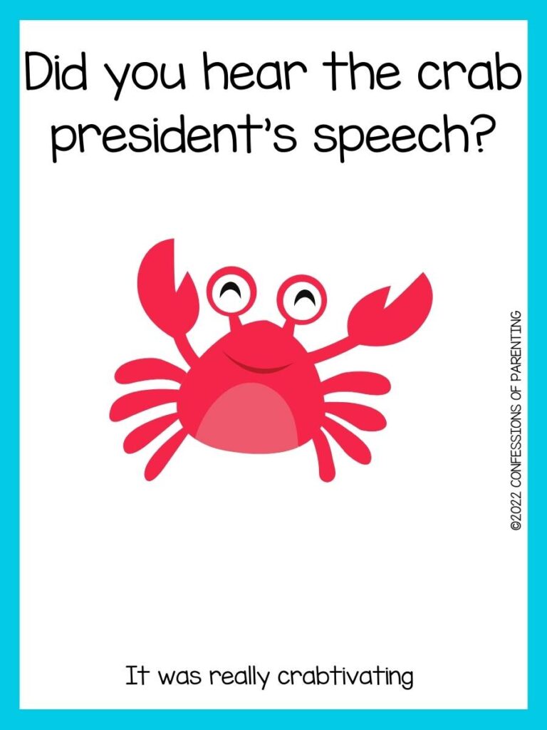 crab jokes for kids with red crab and blue border
