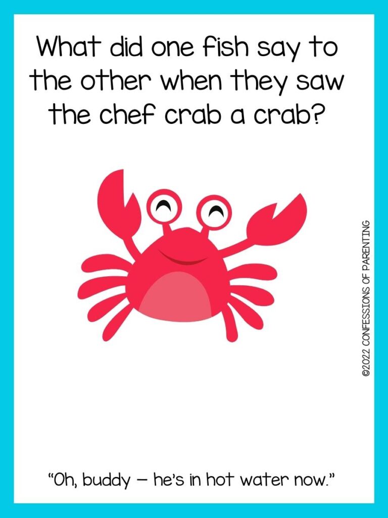 crab jokes for kids with red crab and blue border