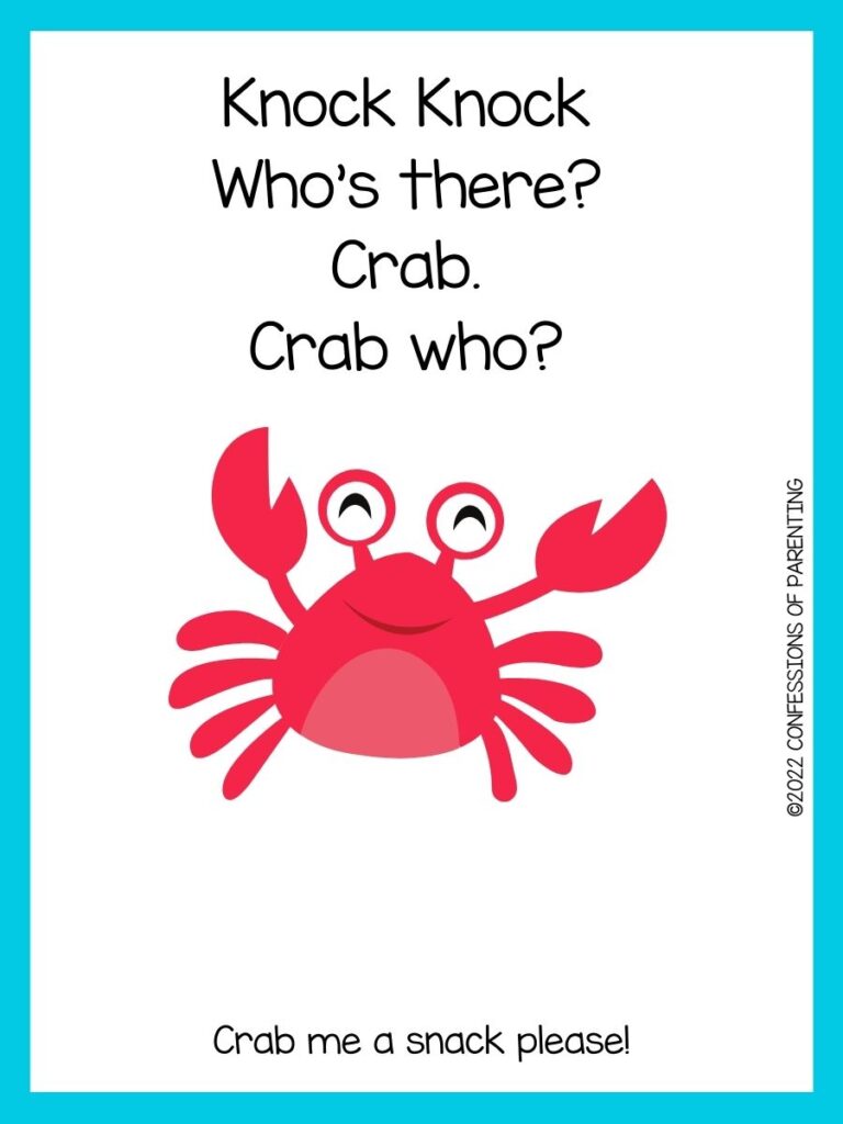 knock knock crab joke with red crab and blue border