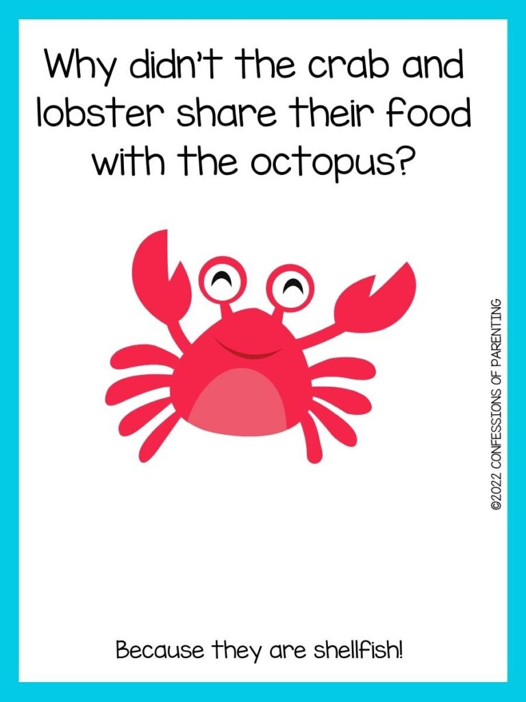 crab jokes for kids with red crab and blue border