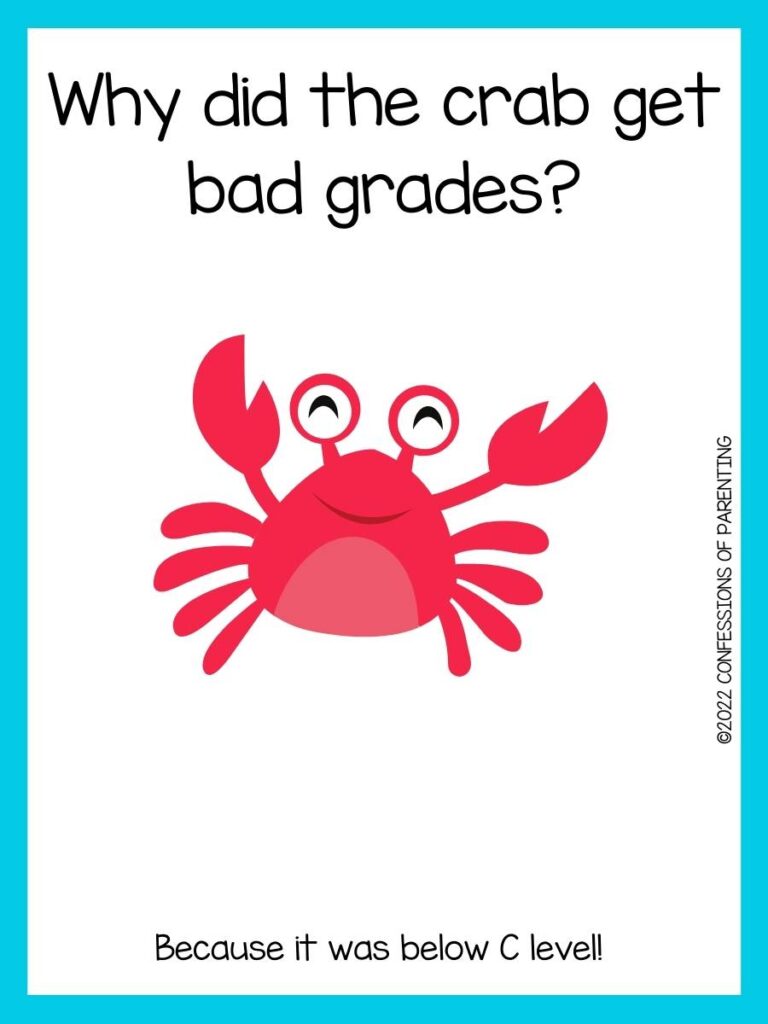 crab jokes for kids with red crab and blue border