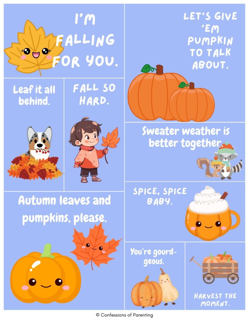 Top 10 fall puns graphic with cute pumpkins, leaves, raccoons, dog in leaves, child holding a leaf, and cozy autumn sayings on a blue background