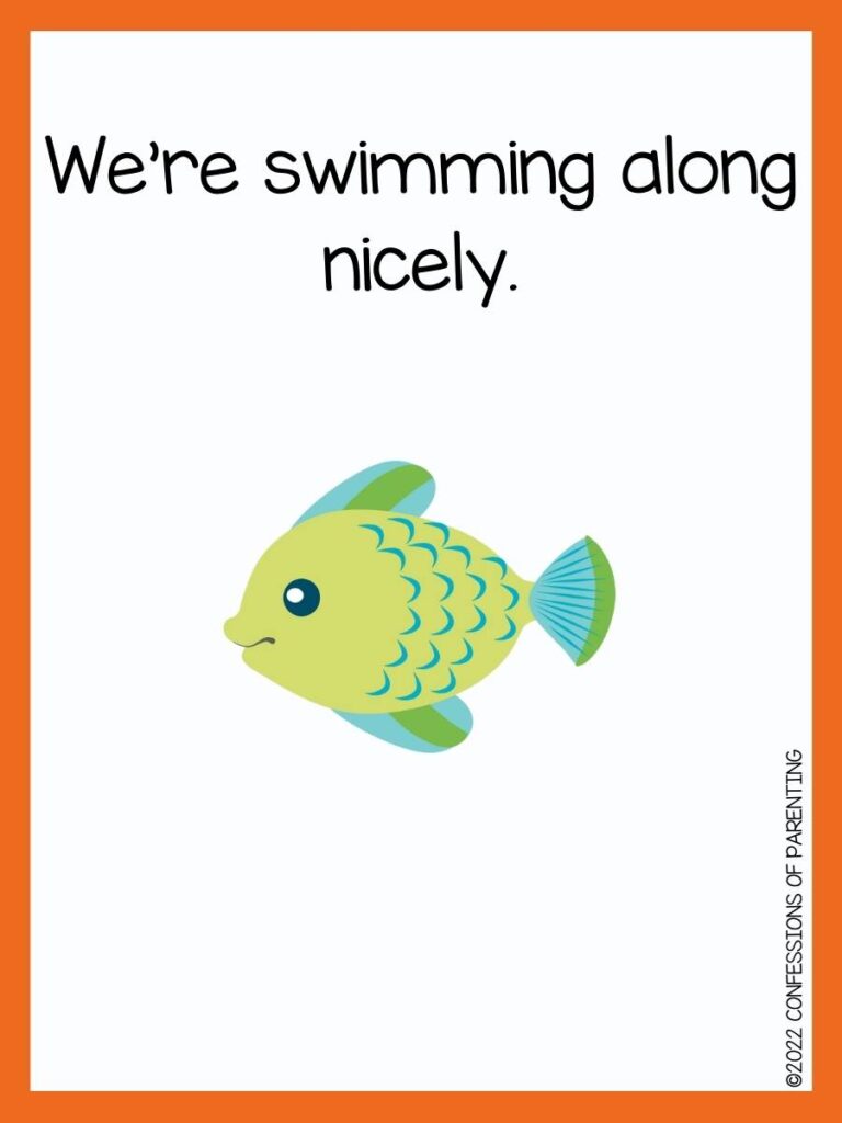 fish pun with blue/green fish with orange border 