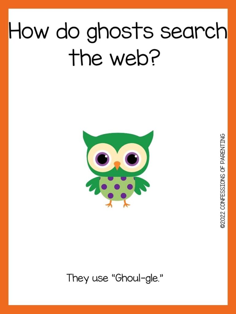 halloween riddle with green polka dot owl and orange border