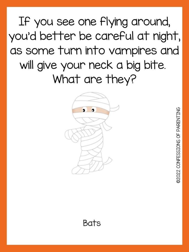 halloween riddle with kid in mummy costume and orange border