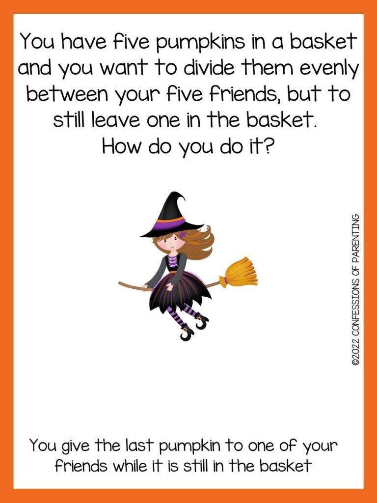 Halloween riddle with witch on broom and orange border