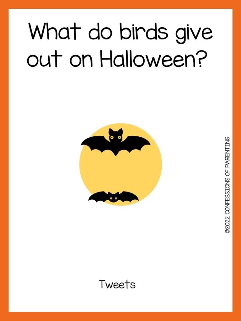 Halloween riddle with 2 black bats and a moon and orange border