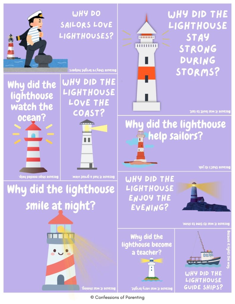 Purple collage of cartoon lighthouses and sailor jokes about the sea, storms, ships, and guiding sailors, with playful lighthouse-themed puns and illustrations.