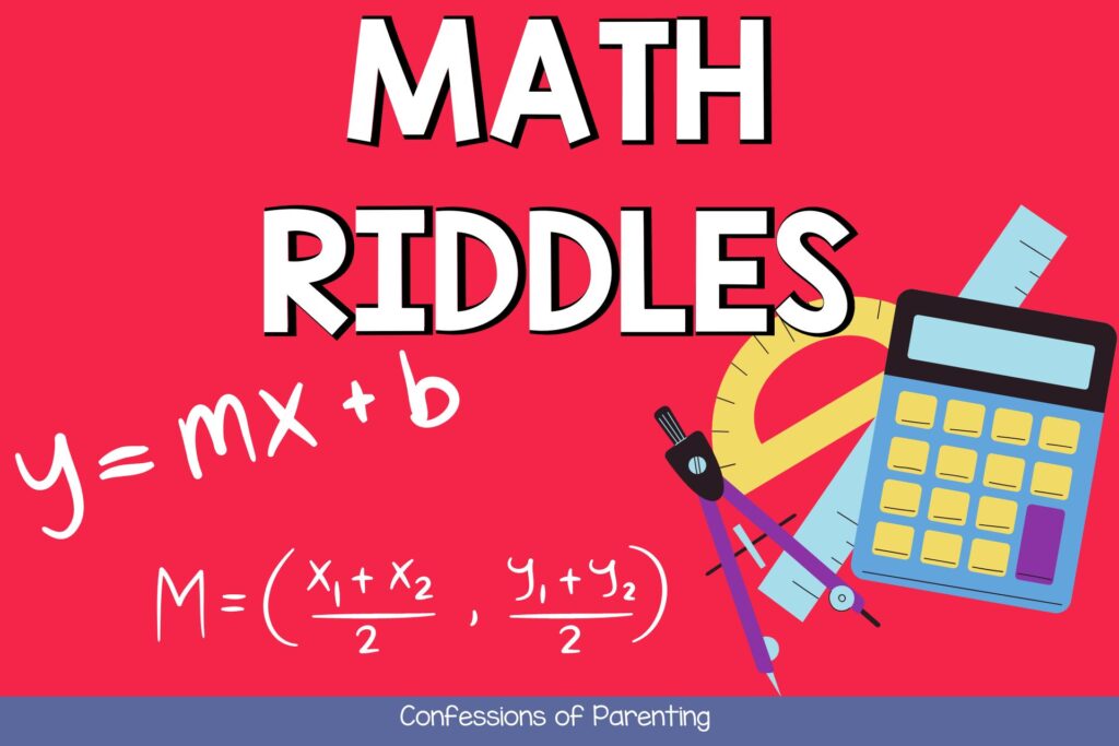 math tools and equations with red background with words "math riddles."