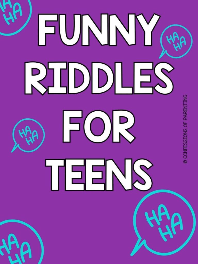Pin Image: purple background with white text that says "funny riddles for teens"