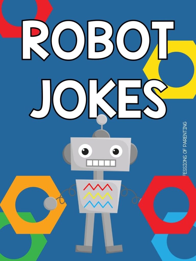 Pinterest image: robot with hexagons with blue background with words "robot jokes"