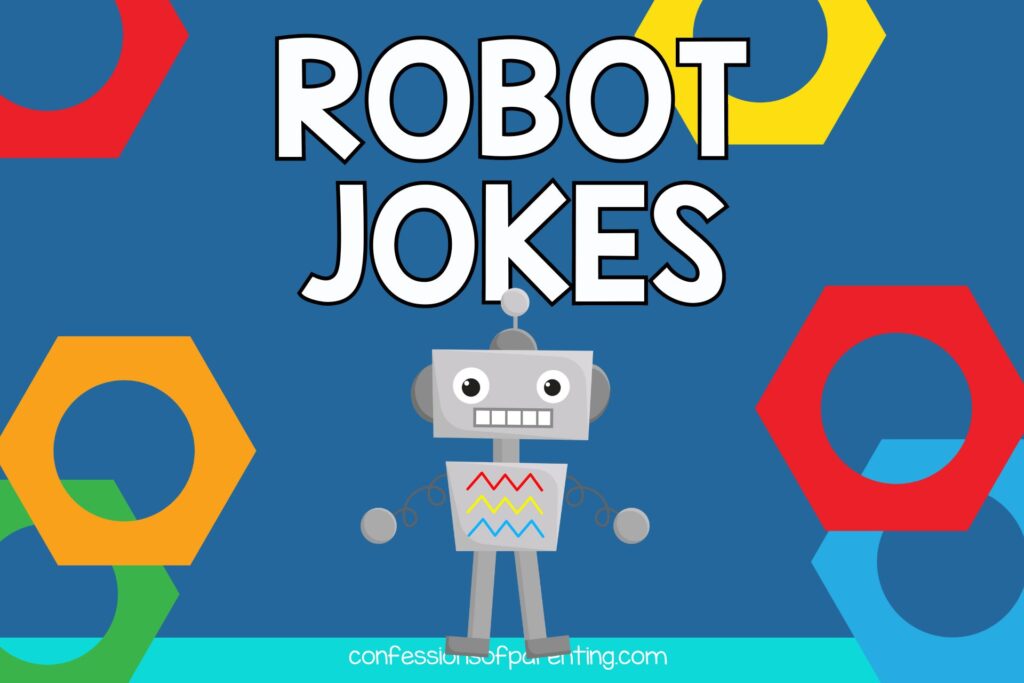 robot with hexagons with blue background with words "robot jokes"