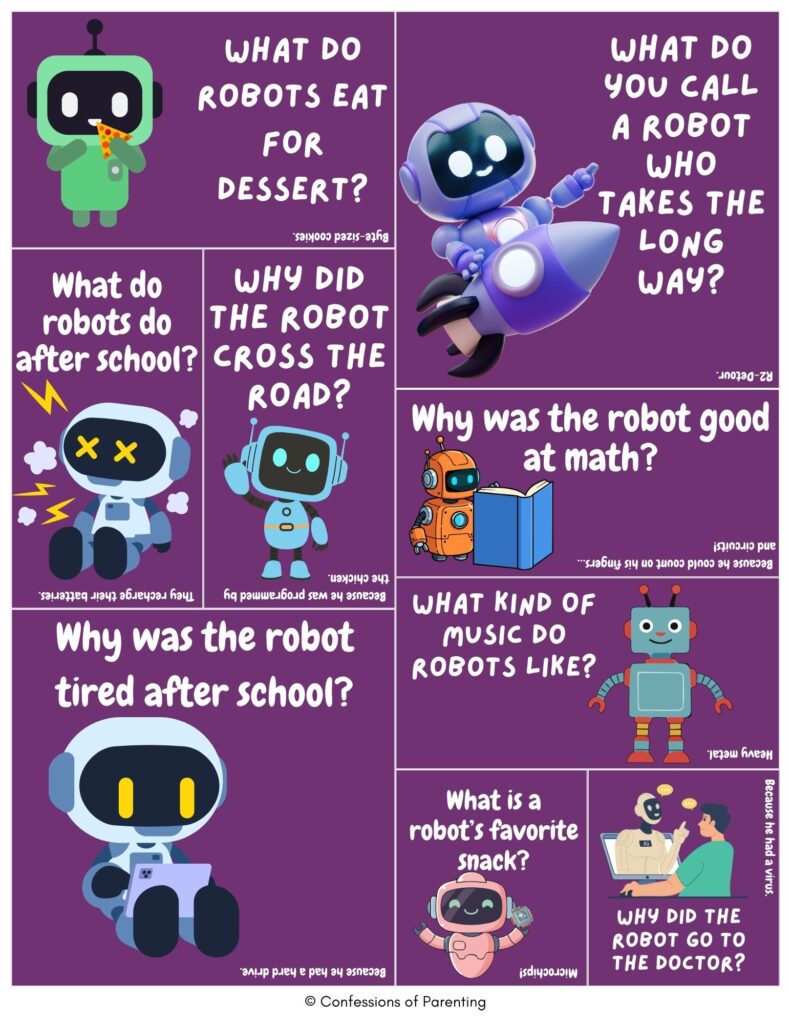 Purple collage of cute cartoon robots with robot jokes about school, math, music, snacks, and doctors, each panel showing a playful robot illustration and pun.