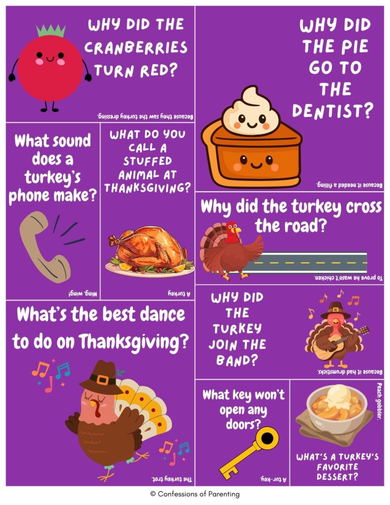Top 10 Thanksgiving jokes graphic with cute turkeys, pie, cranberries, and kid-friendly holiday riddles on a purple background