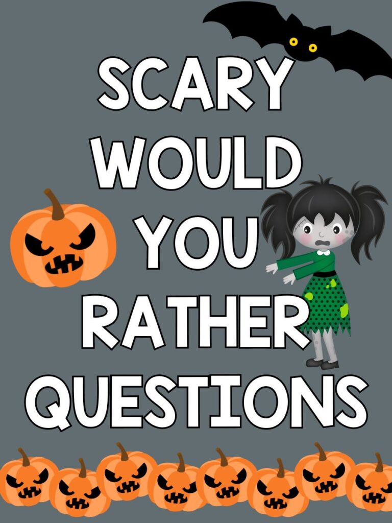 Pin image: grey background with black bat, orange pumpkin, scary girl with black hair and green torn dress and 8 orange pumpkins; white writing that says scary would you rather