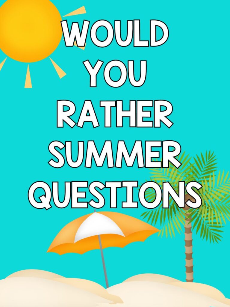 Pin image: turquoise background with white letter that says would you rather summer questions. orange sun in the sky, palm tree and orange and white umbrella in the brown sand