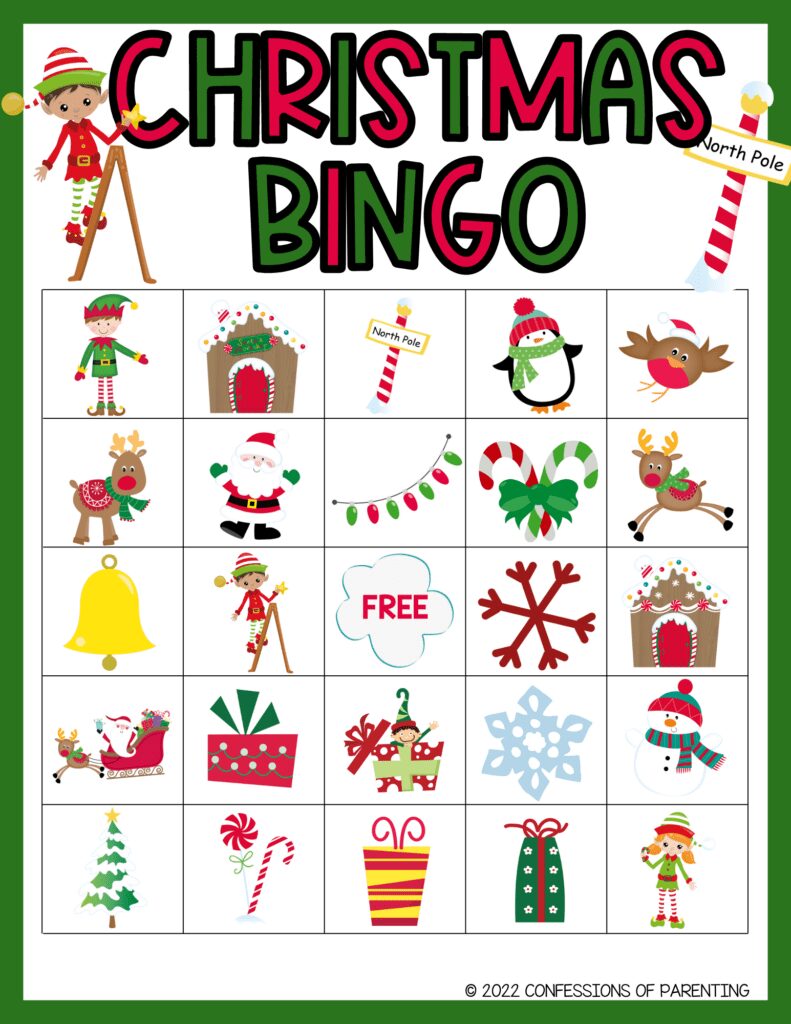 Christmas bingo card PDF with green border