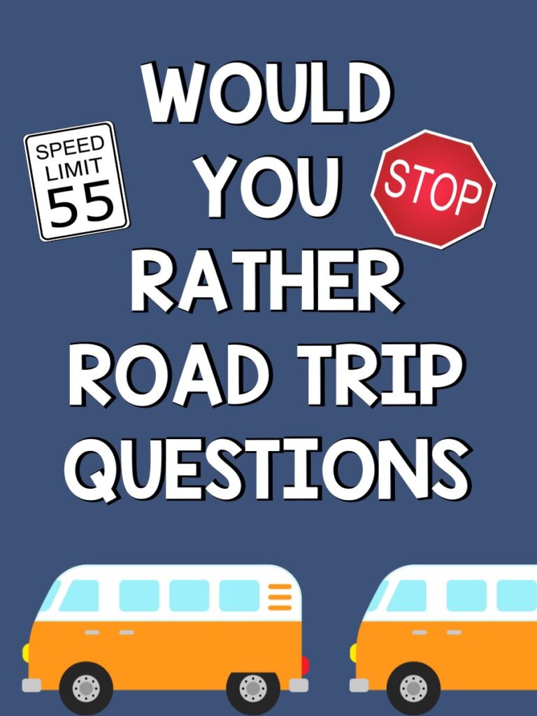 Pin image: blue background with white lettering that says would you rather road trip questions. white speed sign with black lettering, red stop sign with white letters, two yellow amn white buses with black tires and blue windows