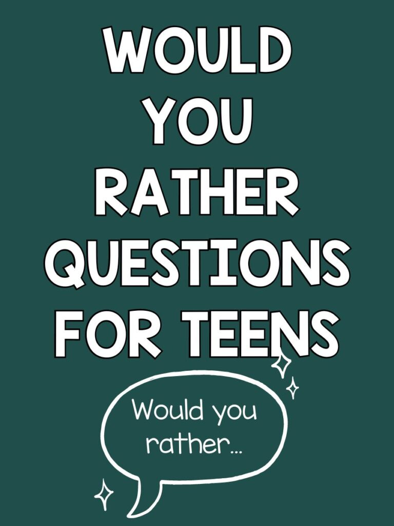 pin image: green background with white letters saying would you rather questions for tees. white talking bubble with would you rather inside