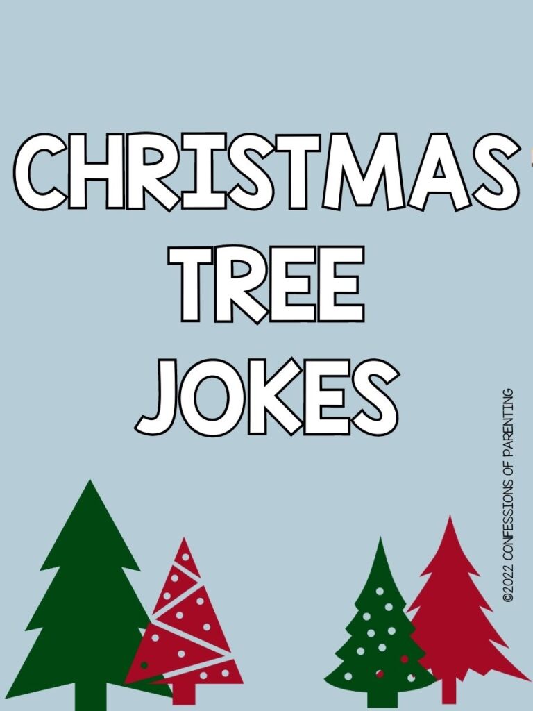 Pin image: blue background with white letters spelling Christmas tree Jokes. one green christmas tree, one red with white stripes, one green with dots, and one red