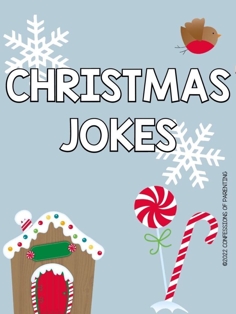 Pin image: blue background with white letters that say Christmas Jokes. 2 white snowflakes, 1 brown and red bird, red and white candy cane and lollipop and gingerbread house